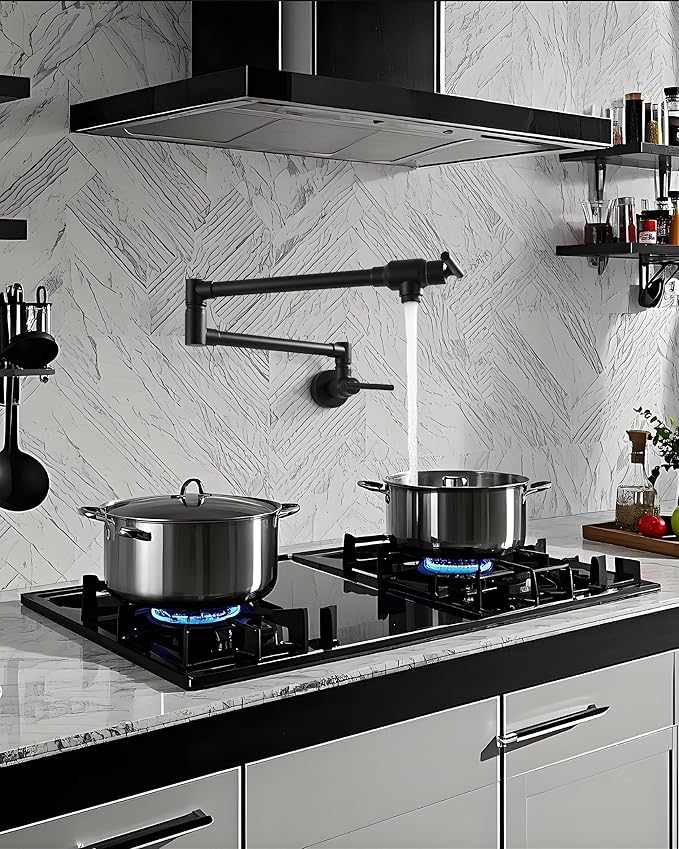 Fransiton Pot Filler, Matte Black Pot Filler Faucet Wall Mount, Brass Folding Stretchable with Double Joint Swing Arm Single Hole Two Handles Kitchen