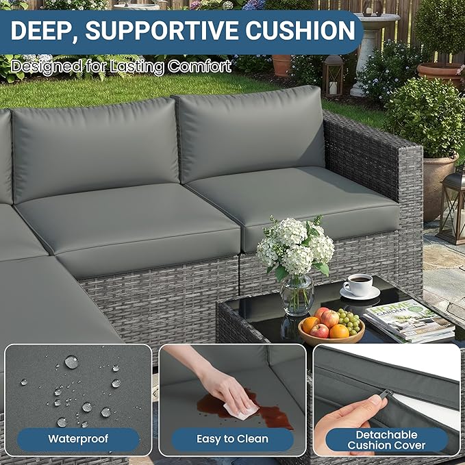 Wisteria Lane 5-Pieces Outdoor Patio Furniture Set, All Weather Wicker Rattan Sectional Sofa, Patio Conversation Set with Cushions & Glass Coffee Table for Backyard Porch Garden Balcony, Grey