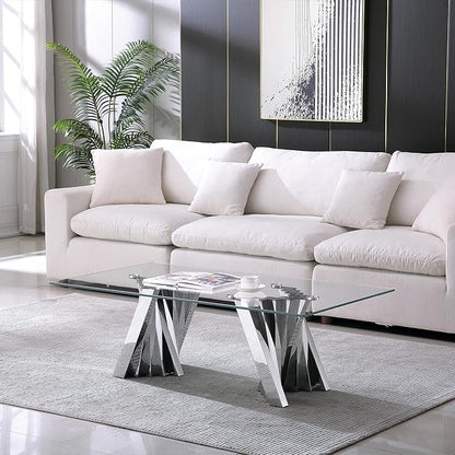 Henf Silver Glass Coffee Table with Mirrored Stainless Steel Base, 51"" Rectangle Modern Living Room Table Cocktail Table Luxury Tea Table Coffee Table for Home Office Living Room