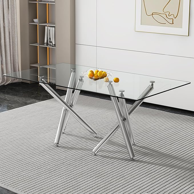 71” Rectangle Dining Table, Large Modern Dining Table for 6–8 People with 0.4" Thickened Tempered Glass Top, Glass Kitchen Table with Silver Metal Legs for Dining Room