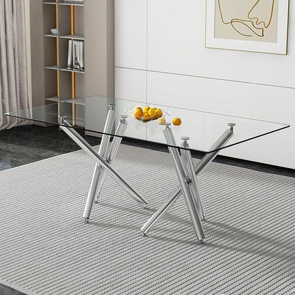 71” Rectangle Dining Table, Large Modern Dining Table for 6–8 People with 0.4" Thickened Tempered Glass Top, Glass Kitchen Table with Silver Metal Legs for Dining Room