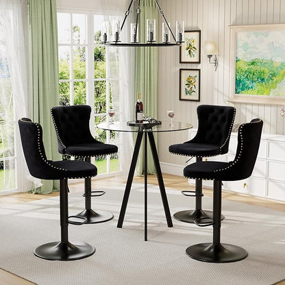 Modern Clear Glass High Top Bar Table Set for 4, Adjustable Bar Stools Island Chairs, Round Pub Table with 4 Velvet Counter Stools for Home Kitchen (Black Metal Legs, Clear Top + Black Chair)