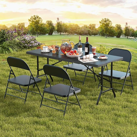 Goplus 5ft Folding Table, Indoor Outdoor Foldable Plastic Folding Tables, Heavy-Duty Rectangular Fold Up Table w/Handle, Portable Utility Card Table for Picnic, Party, Dining, Camping, Beach, Black