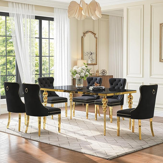 7 Piece Glass Dining Table Set, Modern 70 Inch Gold Rectangular Glass Kitchen Table, 6 Beige Exquisite Velvet Cushion Chairs for Living Room, Restaurant (Black-Top)