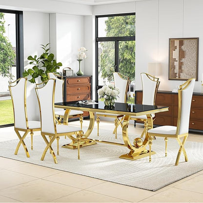 7-Piece Modern Dining Table Set, 70" Black Tempered Glass Kitchen Table with Gold Polished Stainless Steel U-Shaped Pedestal Base and 6 White High Back Chairs with X-Shaped Legs, for Dining Room