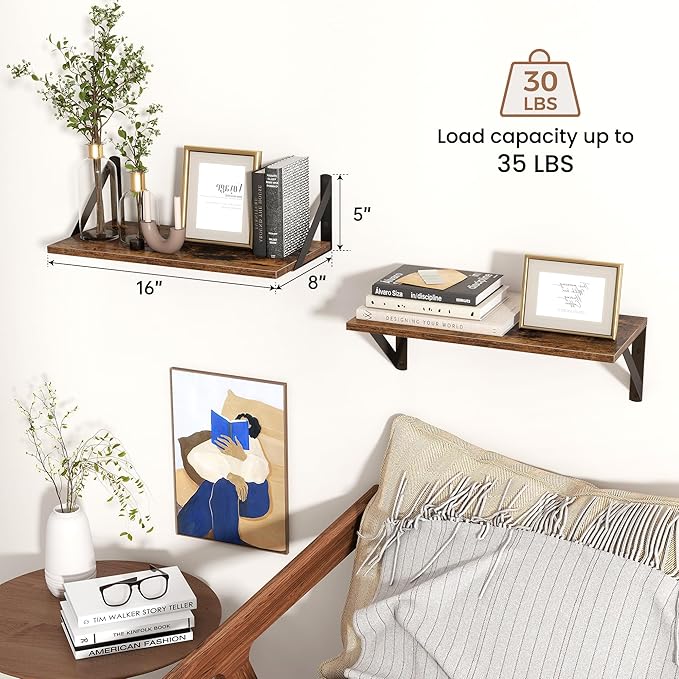 Axeman Floating Shelves for Wall, 8 Inch Deep Brown Wall Shelves Set of 2, 16''W x 8''D Rustic Brown Wood Shelves for Bookshelf Living Room Bedroom Home Office Bathroom