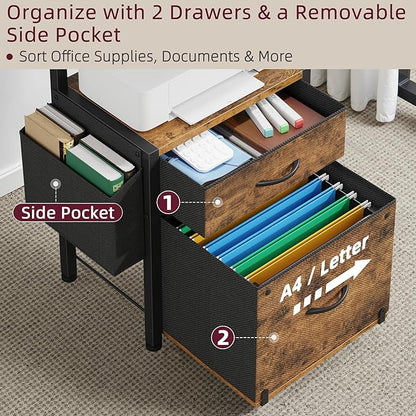HIGDBFE Filing Cabinet with 2-Tier Printer Shelves, 2 Fabric Drawers File Cabinet with Side Bag&File Drawer for A4/Letter Size, Printer Stand with Storage for Home Office, Rustic Brown, 16.5" W