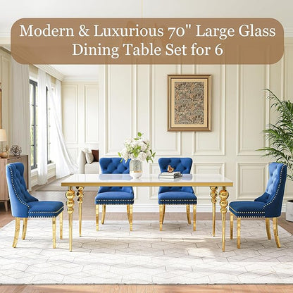 7 Piece Glass Dining Table Set, Modern 70 Inch Gold Rectangular Glass Kitchen Table, 6 Blue Exquisite Velvet Cushion Chairs for Living Room, Restaurant (White-Top)