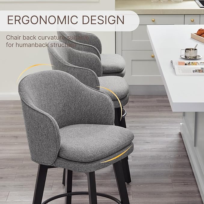 KISLOT Counter Height Barstools 26 inch Upholstered Swivel Bar Stools with Back for Kitchen Island,Set of 1,Dark Grey Fabric
