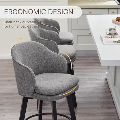 KISLOT Counter Height Barstools 26 inch Upholstered Swivel Bar Stools with Back for Kitchen Island,Set of 1,Dark Grey Fabric