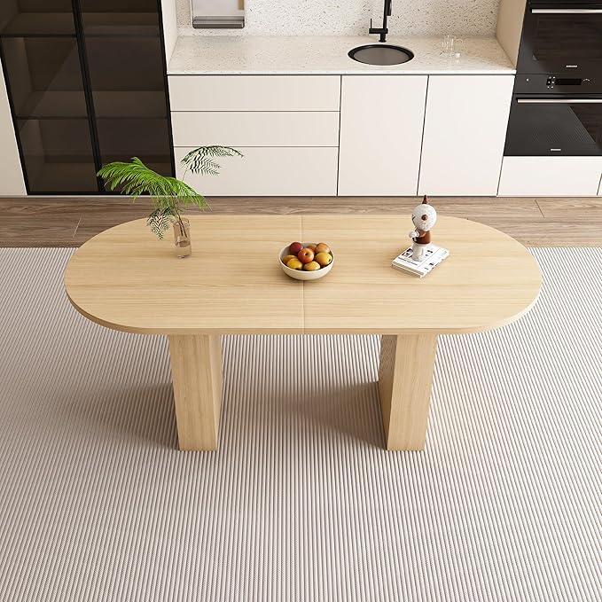 63" Water-Resistant Island Table, Rustic Dining Table with Wood Strip Base, Mid Century Dining Table with Spacious Oval Design for Home, Burly Wood