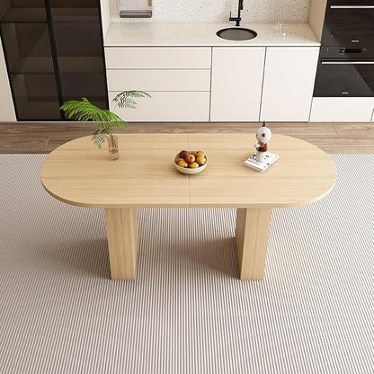 63" Water-Resistant Island Table, Rustic Dining Table with Wood Strip Base, Mid Century Dining Tables with Spacious Oval Design for Living Space, Burly Wood