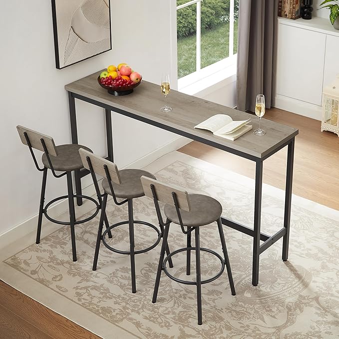 Long Bar Table Set with 3 PU Upholstered Bar Stools, Industrial Bar Table and Chairs for Kitchen Breakfast Table, Living Room, Banquet Hall, Rustic Gray and Black, 63″L x15.7"W x 37.5"H (Grey)