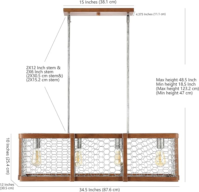 JONATHAN Y 34.5" Brown and Antiqued Silver 4-Light Iron Linear Pendant, Rustic Industrial Adjustable Kitchen Island Chandelier, Farmhouse Cage Light, LED Bulbs Included JYL7519A