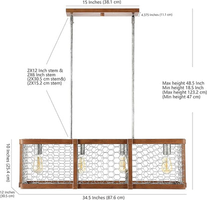 JONATHAN Y 34.5" Brown and Antiqued Silver 4-Light Iron Linear Pendant, Rustic Industrial Adjustable Kitchen Island Chandelier, Farmhouse Cage Light, LED Bulbs Included JYL7519A
