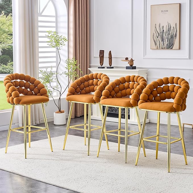 Set of 2 Orange Puffy Bubble Chair Ball Chain Chair Velvet Bar Stools with Gold Legs, Tufted Accent Bar Chairs for Kitchen Island Home Bar