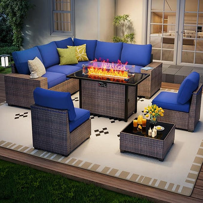 9 Piece Outdoor Patio Furniture Set with 43'' Fire Pit Table, Outdoor Sectional Furniture, Rattan & Wicker Modern Modular Conversation Set Sofa Couch W/Water Resistant Thick Cushions, Brown/Blue