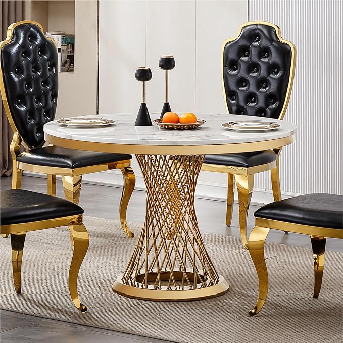 47" Round Dining Table for 4-6 People, Modern Faux Marble Kitchen Table with Gold Mirrored Stainless Steel Pedestal Base, Luxury White Stone Tabletop Dinner Table for Dining Room (Table Only)