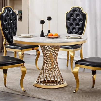 47" Round Dining Table for 4-6 People, Modern Faux Marble Kitchen Table with Gold Mirrored Stainless Steel Pedestal Base, Luxury White Stone Tabletop Dinner Table for Dining Room (Table Only)