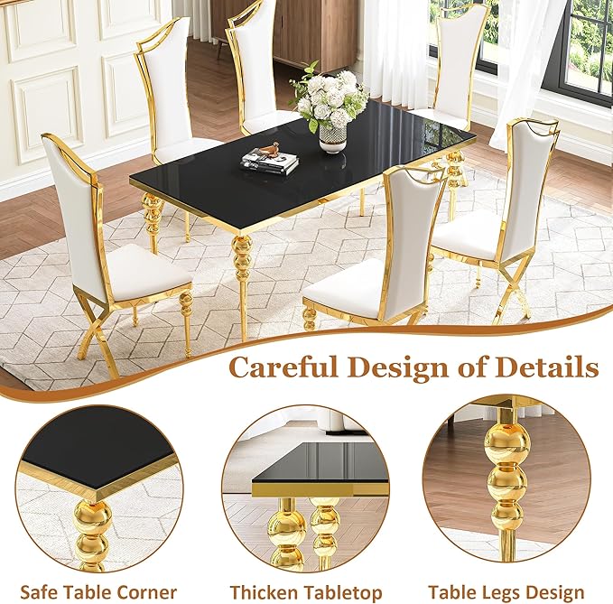 Glass Dining Table Set for 6, Luxurious 70 Inch Rectangular Kitchen Table with Black Tempered Glass Top, 6 White PU Leather Cushion Chairs for Dining Room, Restaurant, Living Room