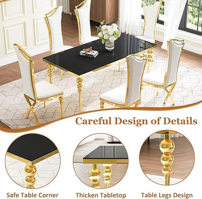 Glass Dining Table Set for 6, Luxurious 70 Inch Rectangular Kitchen Table with Black Tempered Glass Top, 6 White PU Leather Cushion Chairs for Dining Room, Restaurant, Living Room