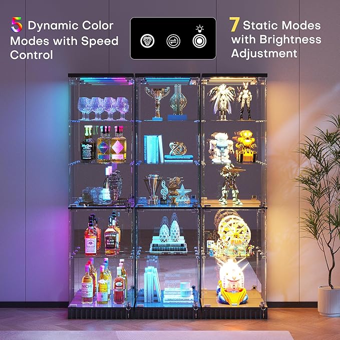 HNEBC 6-Tier Shelf with Glass Door, LED Display Case with RGB Lights& Motion Sensor, Lockable Curio Cabinet for Collectibles,Bookcase,China Cabinet-Black
