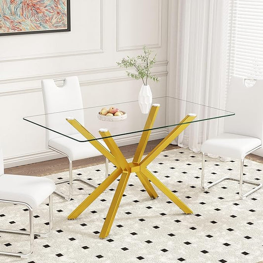 Dining Table Modern Tempered Glass Dinner Table, Rectangle Kitchen Table with Sturdy Metal Legs, Contemporary Minimalist Design, Ideal for Dining Room, Kitchen, or Small Spaces (Golden, 47.24")