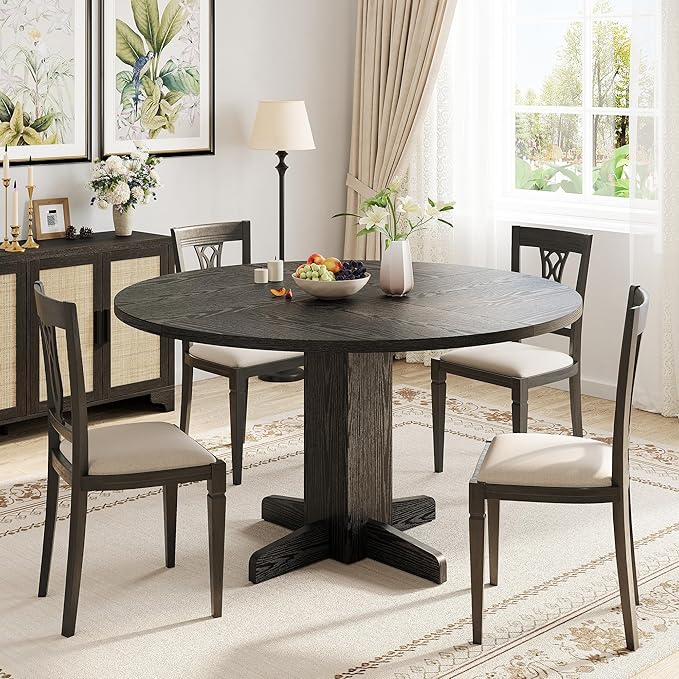 IDEALHOUSE Round Dining Table for 4-6 People, 47" Wood Kitchen Table with Sturdy Pedestal Base, Farmhouse Circle Dinner Tables for Dining Room, Living Room, Apartment, Black