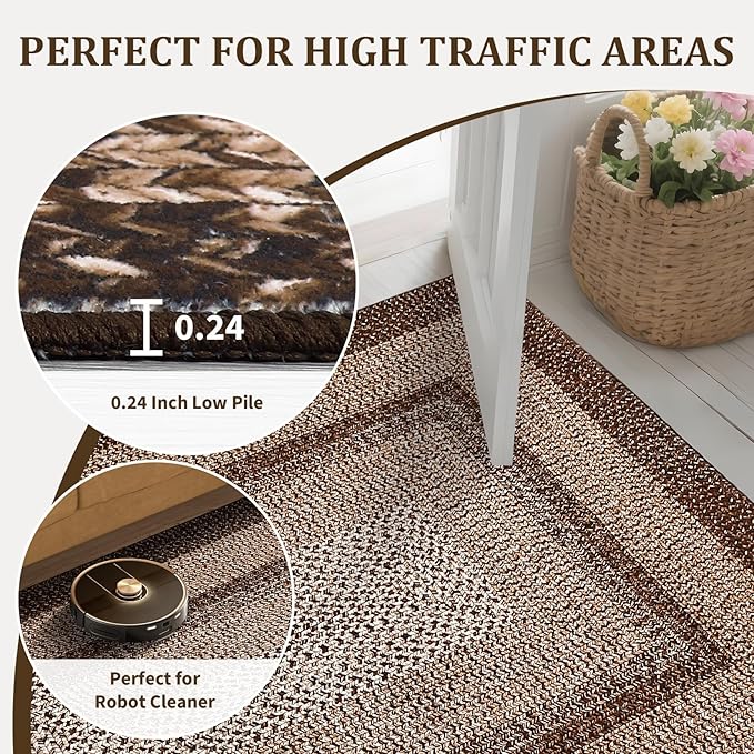Printed Washable Area Rugs 5x7 Rug for Living Room Non Slip Modern Soft Area Rug for Bedroom Farmhouse Braided Throw Rugs Contemporary Stain Resistant Carpet for Dining Room 5'x7' Dark Brown