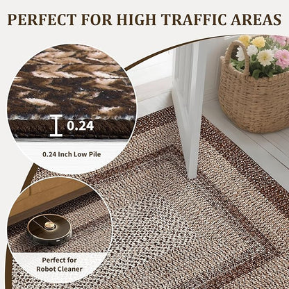 Printed Washable Rug 8x10 Area Rugs for Living Room Modern Bedroom Rug Brown Imitation Braided Large Area Rug Non Slip Throw Rugs Stain Resistant Carpet for Nursery Dining Room 8'x10'
