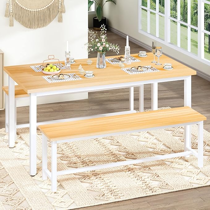 DKLGG Dining Table Set for 4, 47.2'' Kitchen Table with 2 Benches, 3 Piece Farmhouse Dining Room Table Set, Space-Saving Dinette for Kitchen, Dining Room, Apartment, Metal Frame & MDF Board