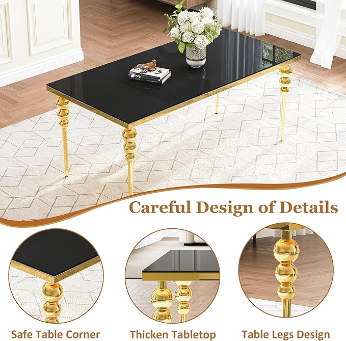 70 Inch Glass Dining Table for 6-8, Luxurious Rectangular Kitchen Table with Black Tempered Glass Top, Gold Stainless Steel Legs for Dining Room, Restaurant, Living Room