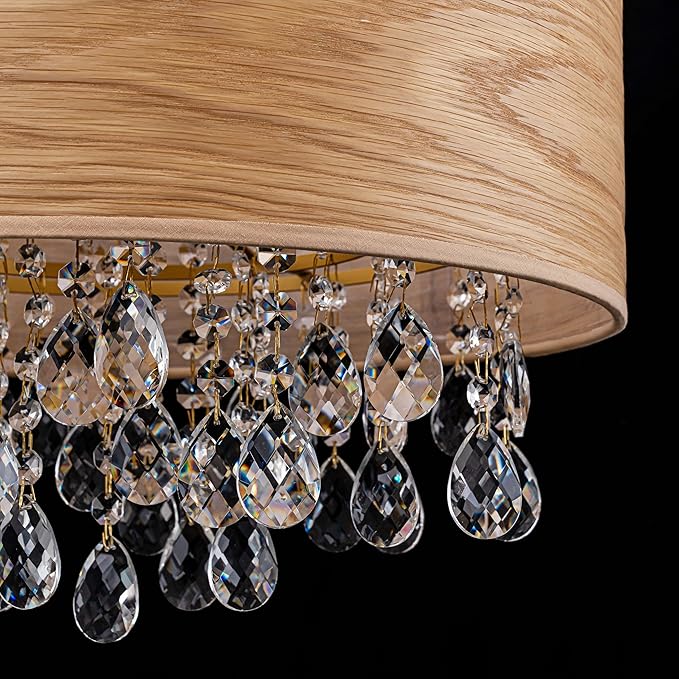 LumFurn D18inch Drum Wood K9 Crystal Chandeliers, 4-Light Boho Style Pendant Light Fixture for Dining Room, Living Room, D18 x 21~68"(Adjustable), Solid Wood Lampshade & Gold Finish