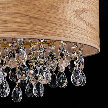 LumFurn D18inch Drum Wood K9 Crystal Chandeliers, 4-Light Boho Style Pendant Light Fixture for Dining Room, Living Room, D18 x 21~68"(Adjustable), Solid Wood Lampshade & Gold Finish