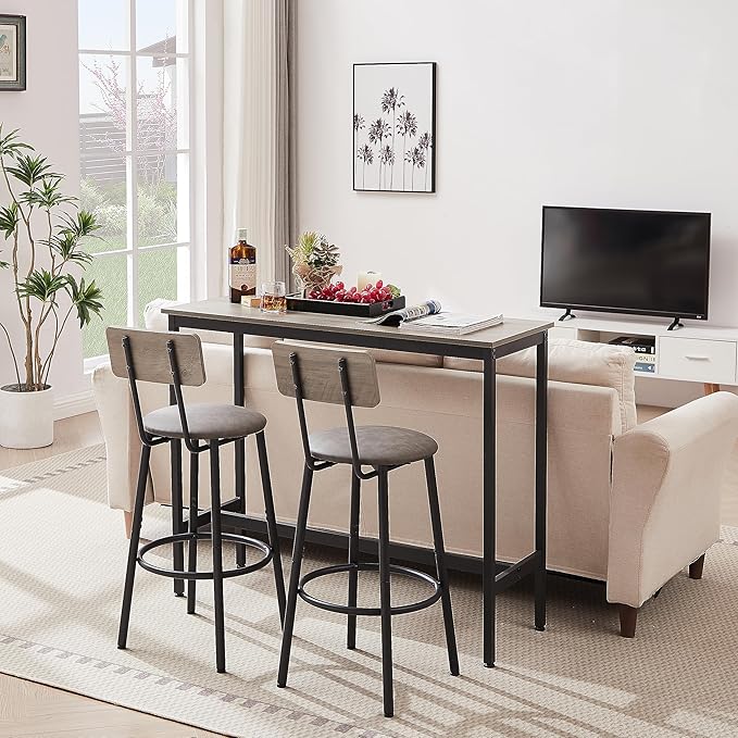Bar Height Table and Chairs Set-Compact Bar Table and Chairs for Small Kitchen,Dining Room,or Kitchen Island with Seating-Kitchen Table Set,Perfect as Dining Table with Chairs (Grey)