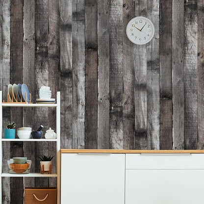 Yun-aeon Natural Wood-Dark Grey Wood Contact Paper Peel and Stick Wallpaper 17.3"x 120"Self Adhesive Removable Vintage Faux Wood Wall Paper Plank Shelf Home Decoration Kitchen Counter Cover Use