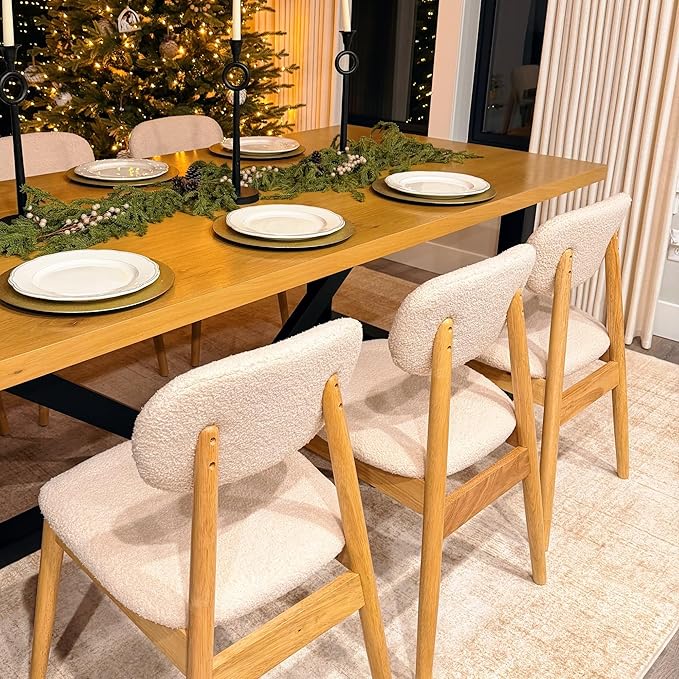Wooden Dining Chairs Set of 6, Farmhouse Boucle Upholstered Kitchen Chairs, Step-By-Step Video Guide for Assembly, Cream White