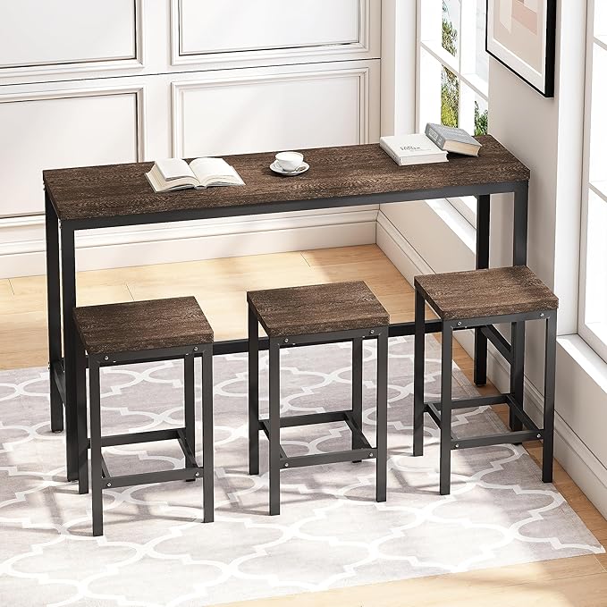 Merax 4-Piece Counter Height Extra Long Dining Table Set with 3 Stools w/Footrest,Modern Design Kitchen Dining Table,Pub Table, Long Dining Table Set(Dark Brown)