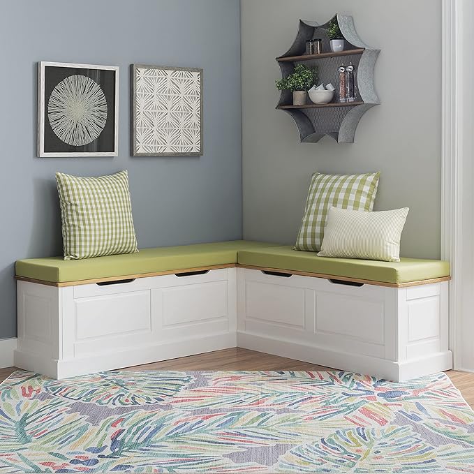 Linon Tobin Natural & White Dining Nook with Hidden Storage Spaces Includes Apple Green Cushion Set and Pillows