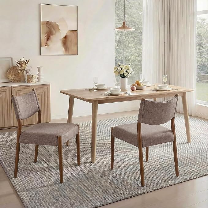 KISLOT Upholstered Dining Chairs Set of 2, Solid Wood Armless Kitchen Chairs with Soft Polyester Fabric, 18.9" Seat Height, Modern Dining Room Seating, 300 lbs Capacity, Brown