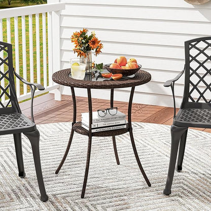 Tangkula 25.5" Wicker Patio Dining Table, Outdoor Round Bistro Side Table with Tempered Glass Top and Storage Shelf, for Balcony, Garden and Backyard