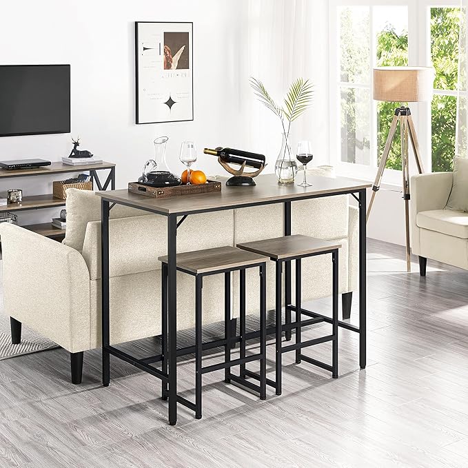 Topeakmart Kitchen Bar Table Set, 3 Piece Dining Table Set, Rectangular Pub Breakfast Table Set, Counter Height with Bar Stools for Dining Room, Apartment, Small Space