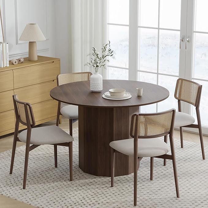 Casaphoria 46" Round Dining Table, Modern Wood Kitchen Table with Cylinder Polygonal Base for Living Room & Dining Room, Easy Assembly Farmhouse Furniture for 4-6, Walnut