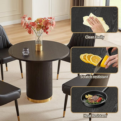 Round Dining Table Set for 4, 35.04" Modern Farmhouse Dining Table and 4 Leather Dining Chair, Small Circle Kitchen Tables with Wood & Gold Stainless Steel Base for Living Room, Kitchen, Black