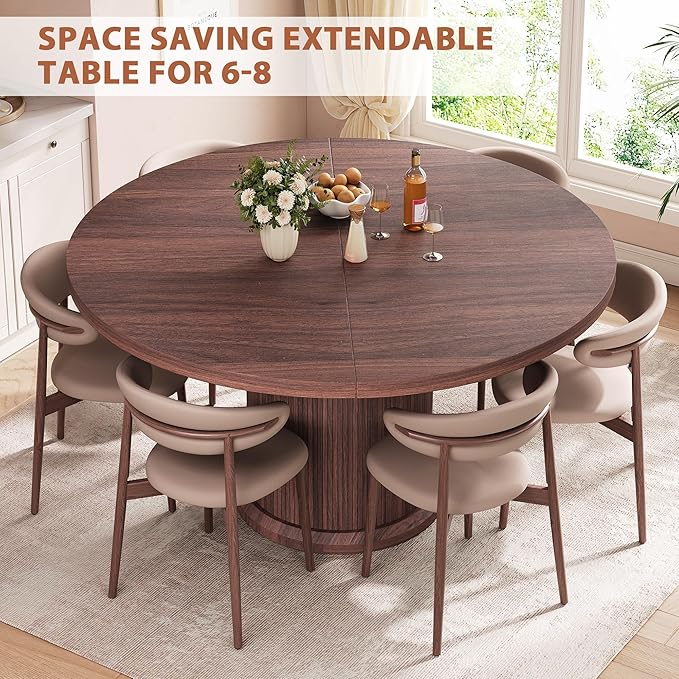 Jocoevol 47″–63″ Extendable Round Dining Table for 4–8 with Dust-Proof 2-Tier Storage Shelf Space Saving Expandable Wood Oval Circle Dinner Furniture with Pedestal Base (Black)