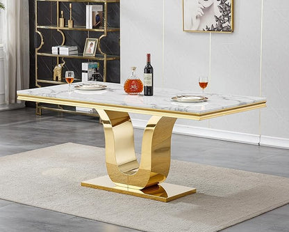 Henf 68" Modern Dining Table for 6, White Marble Kitchen Dining Room Table for 8, Large Rectangular Faux Marble Top and Gold U-Shape Steel Base, Rectangle Pedestal Table for Kitchen, Dining Room