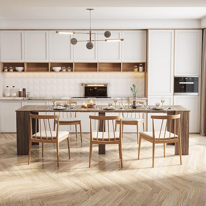 Pvillez Modern Expandable Dining Table - 118.5" Rectangle with Oak Pedestal & Leaf Extension for 8-12 Persons