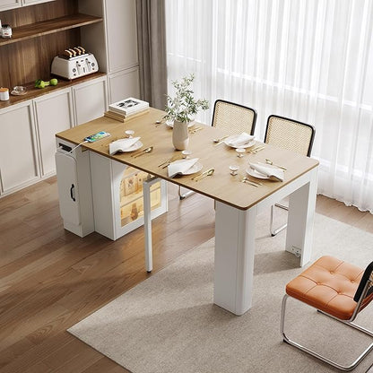 Extendable Dining Table with 3 Removable Middle Leaves, Mobile Rolling Island Table with Power Outlet with Storage for Dining Room and Living Room (Cream White+Natural)