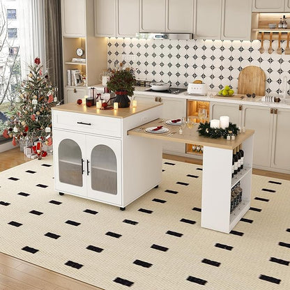 80.7-Inch Expandable Kitchen Island with Dining Table, White MDF Kitchen Prep Table with Solid Wood Grain Countertop, Mobile Storage Cart (Cabinet + 2 Drawers) & Power Outle