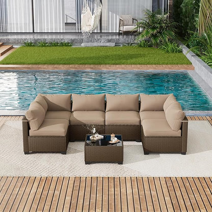 LOUVIXA 7 Piece Outdoor Patio Furniture Set, Outdoor Sectional Sofa, Wicker Rattan Patio Furniture, Patio Conversation Set with Coffee Table & Cushions